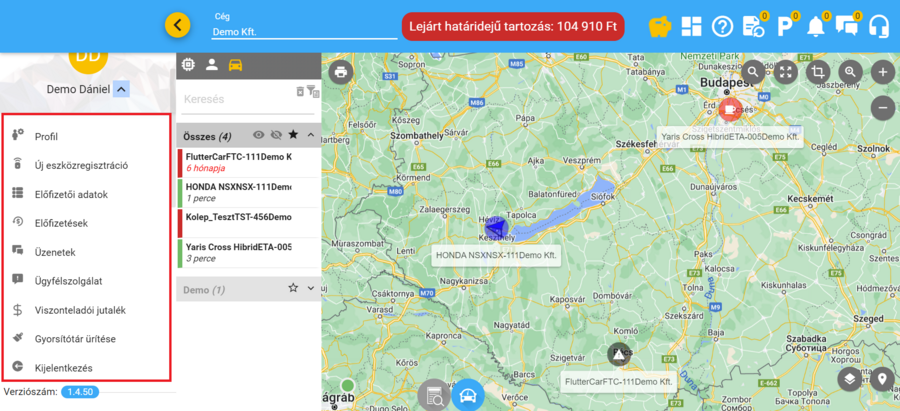 Felhasználói menü Felhasználói menü