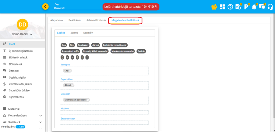Megjelenési beállítások Megjelenési beállítások
