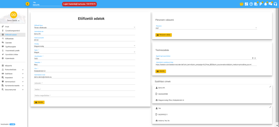 Előfizetői adatok Előfizetői adatok